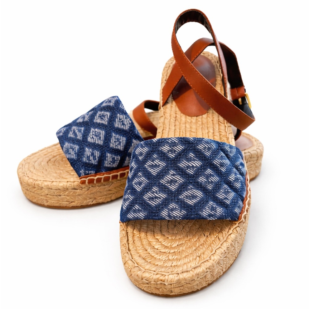 L’AGENCE Ikat Denim Espadrille Wedge Sandals | Leather Ankle Strap | Retail $325
